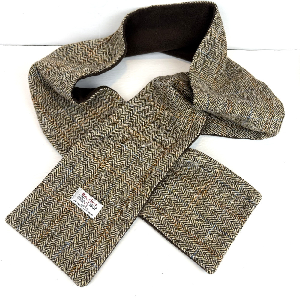 Harris Tweed Wool Scarf 6 x 70 Inches Brown Herringbone Fleece Lined Scotland